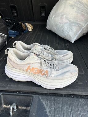 Hoka White and Peach Athletic Running Shoes